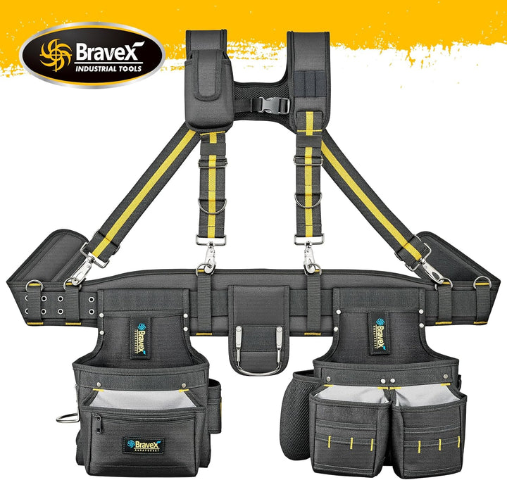 Bravex Tool Belt Suspenders - Pro Ultra Anti-wear 20 Bags Y-Style Tool Belts 5 Combo Apron Tool Pouc