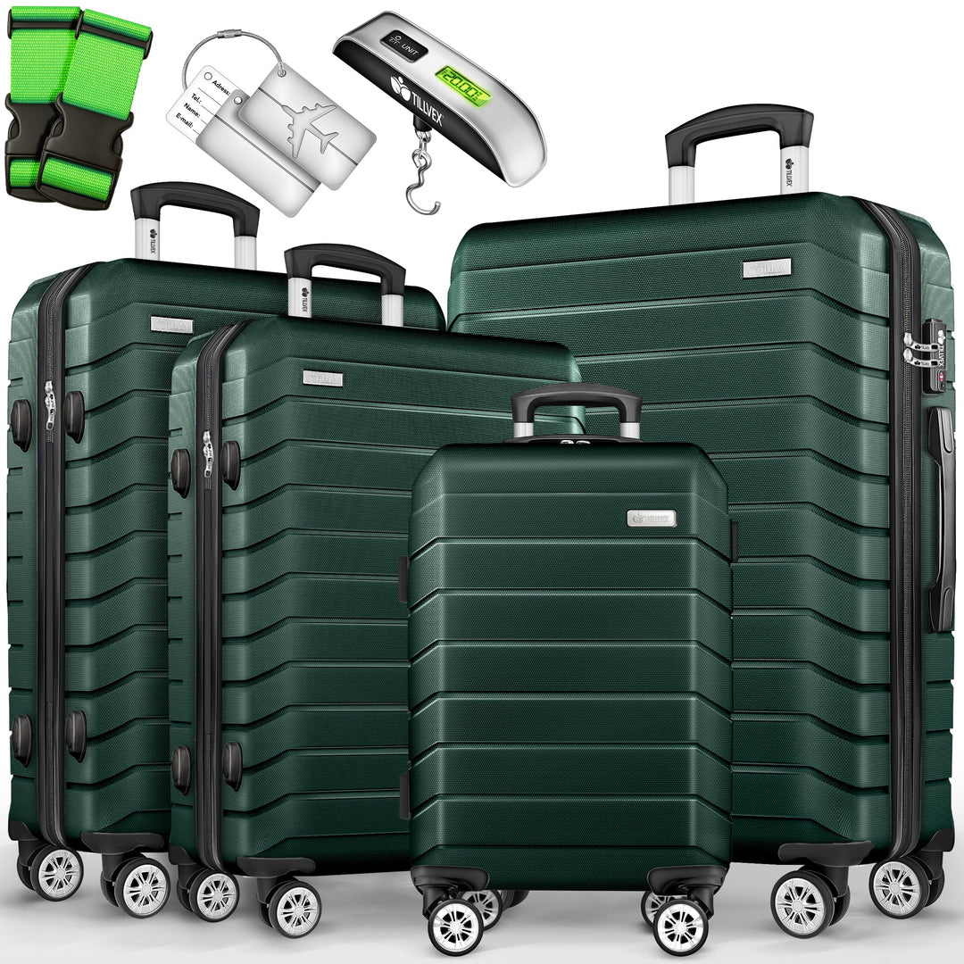 tillvex® Reisekoffer Set 4-teilig + Gepäckwaage, 8X Koffergurte & 4X Kofferanhänger | Kofferset 4 Ro