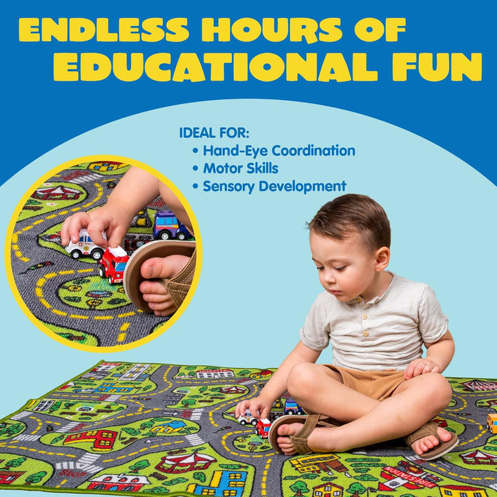 JOYIN Teppich Kinderzimmer 80x150cm mit 12 Mini Auto Spielzeug für Kinder, Spielteppich Strasse Kind