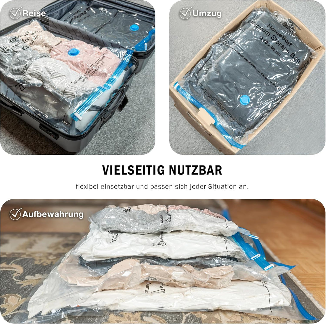 Vakuumbeutel für Kleidung und Bettdecken 8er Pack 3-100x80 cm, 3-80x60cm, 2-70x50 cm,Luftpumpe, Vacu