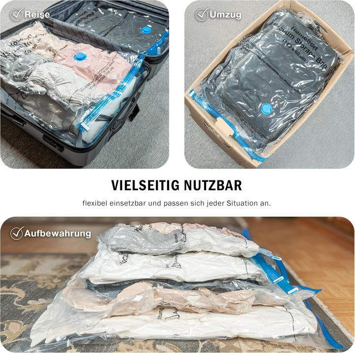 Vakuumbeutel für Kleidung und Bettdecken 8er Pack 3-100x80 cm, 3-80x60cm, 2-70x50 cm,Luftpumpe, Vacu
