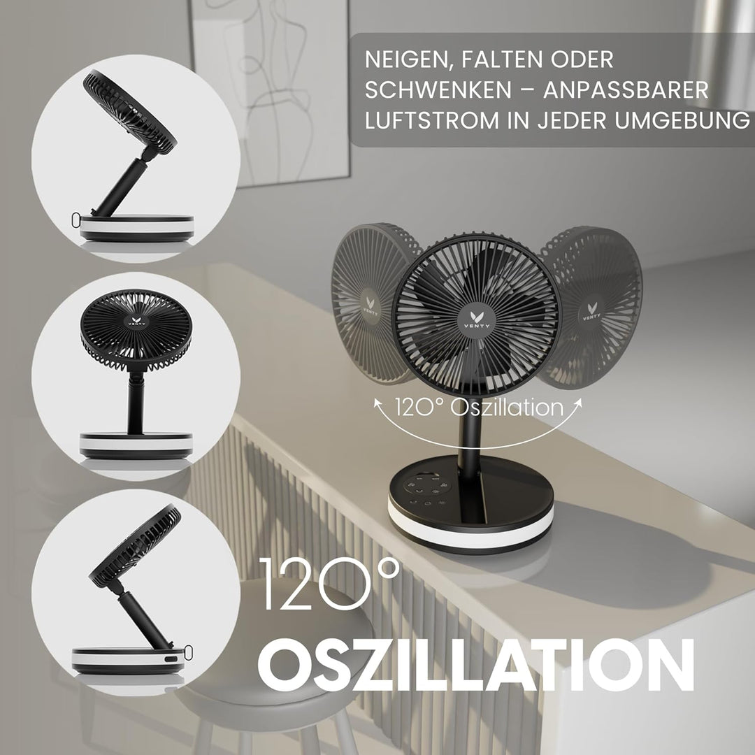 VENTY Tragbarer Ventilator - Faltbarer Ventilator Akku mit Transporttasche, Ladeanschluss und USB-An