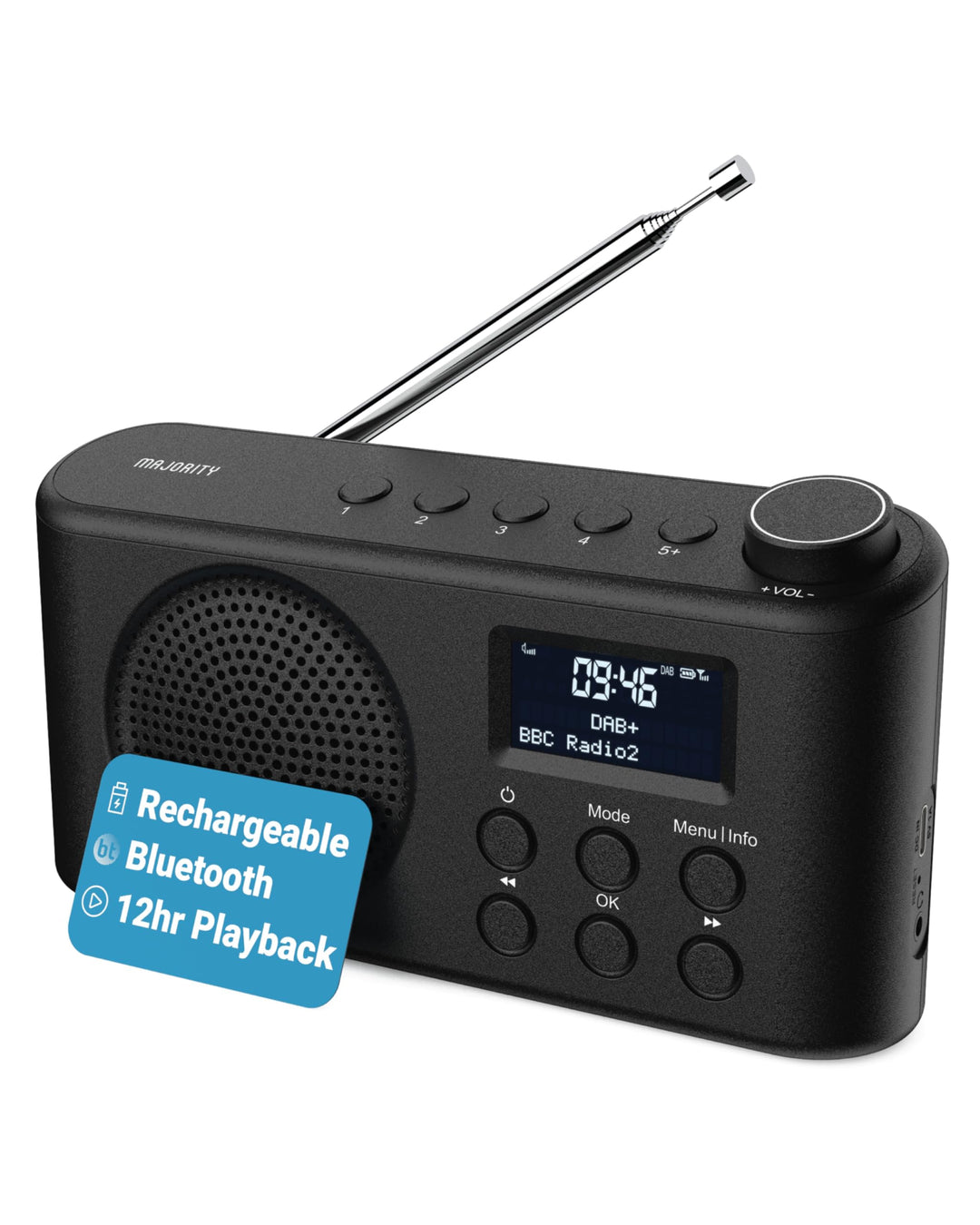 Tragbares Bluetooth DAB, DAB+ Radio | USB-C betrieben & wiederaufladbarer Akku | 12 Stunden Wiederga