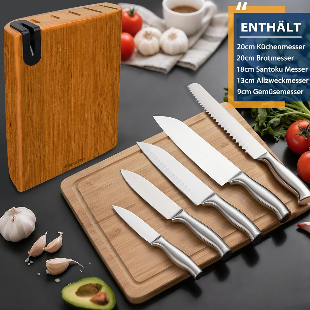 Messerblock Set - Fimaten 6-teilig Messerset mit Block - Messerblöcke aus Holz - Profi Edelstahl Küc