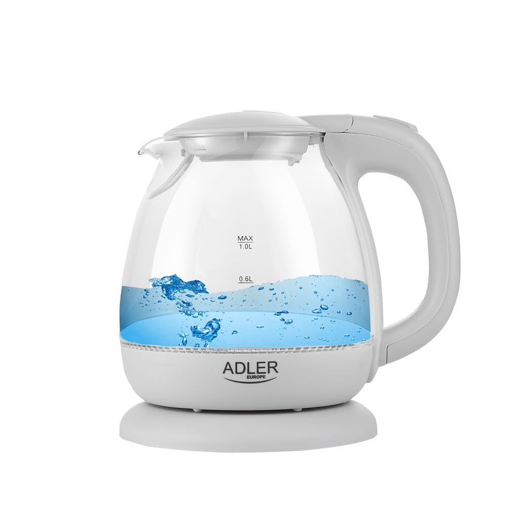 adler AD 1238 Elektrischer Wasserkocher aus Glas, klein, 1 l, 1100 W, LED-Beleuchtung, 1100 W, 1 Lit
