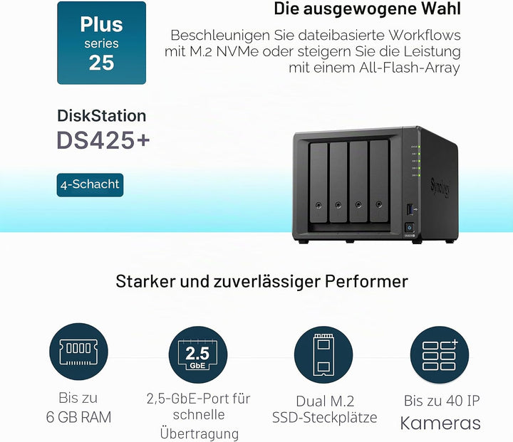 DS425+ 4-Bay Synology NAS – 3 Jahre Garantie, kompakte Speicherlösung mit integriertem 2,5 GbE-Port