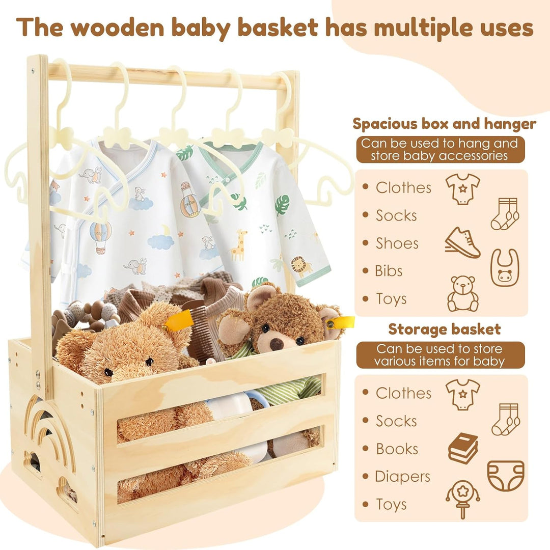 Baby Geschenk Korb,Holz Baby AufbewahrungSkorb mit Griff und 5 KleiderständerBabyparty Dusche Kiste