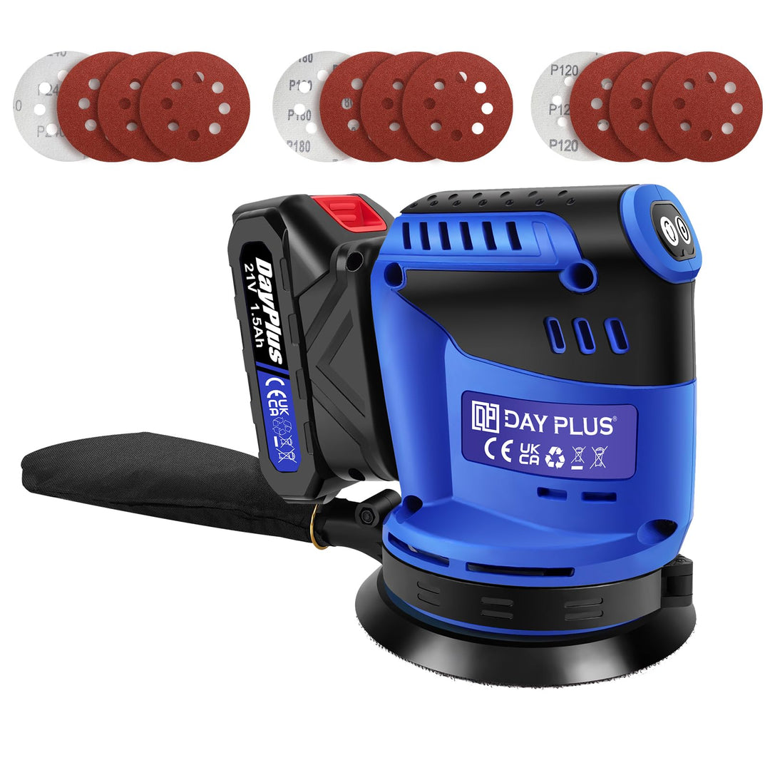 190W Akku-Exzenterschleifer - 21V 1,5Ah Akku, 12 Schleifpapiere, 3-Stufen, Staubabsaugung, 125mm für