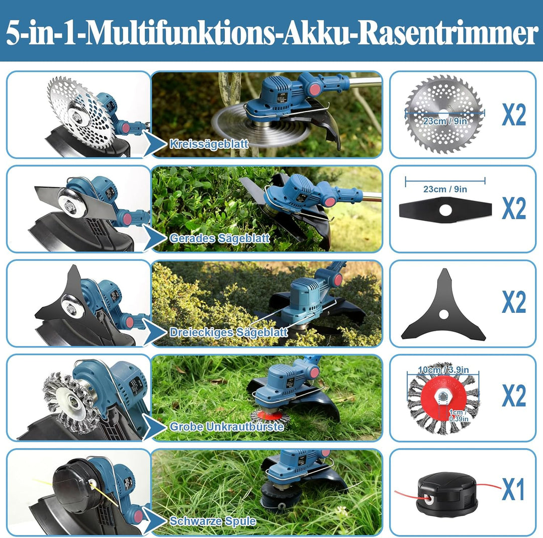 Rasentrimmer mit Akku, Akku Rasentrimmer für Makita-Akkus mit 5 Klingentypen und 2X4.0Ah Akku, 21V B