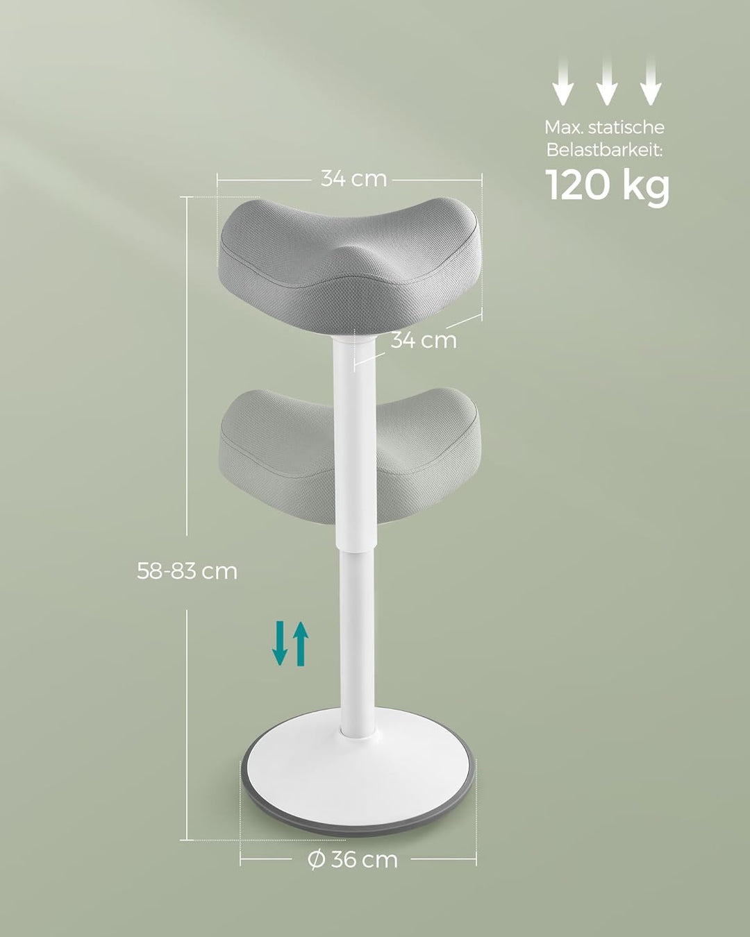 SONGMICS Hocker, Stehhocker um 360° neigbar, Schreibtischstuhl, höhenverstellbar 58-83 cm, grosser S