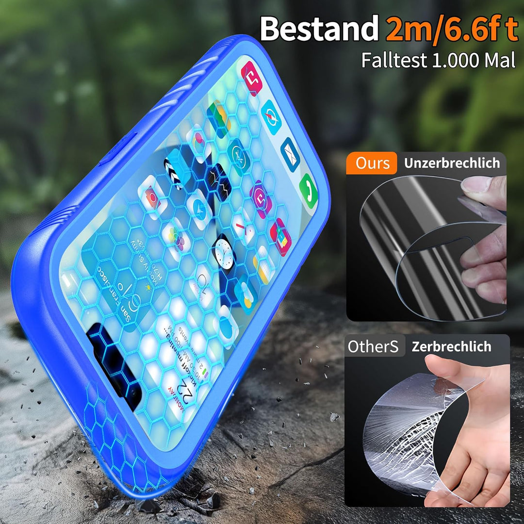 Cozycase für iPhone 15 Pro wasserdichte Outdoor Hülle Blau - 360 Grad Panzerhülle Stossfest Komplett