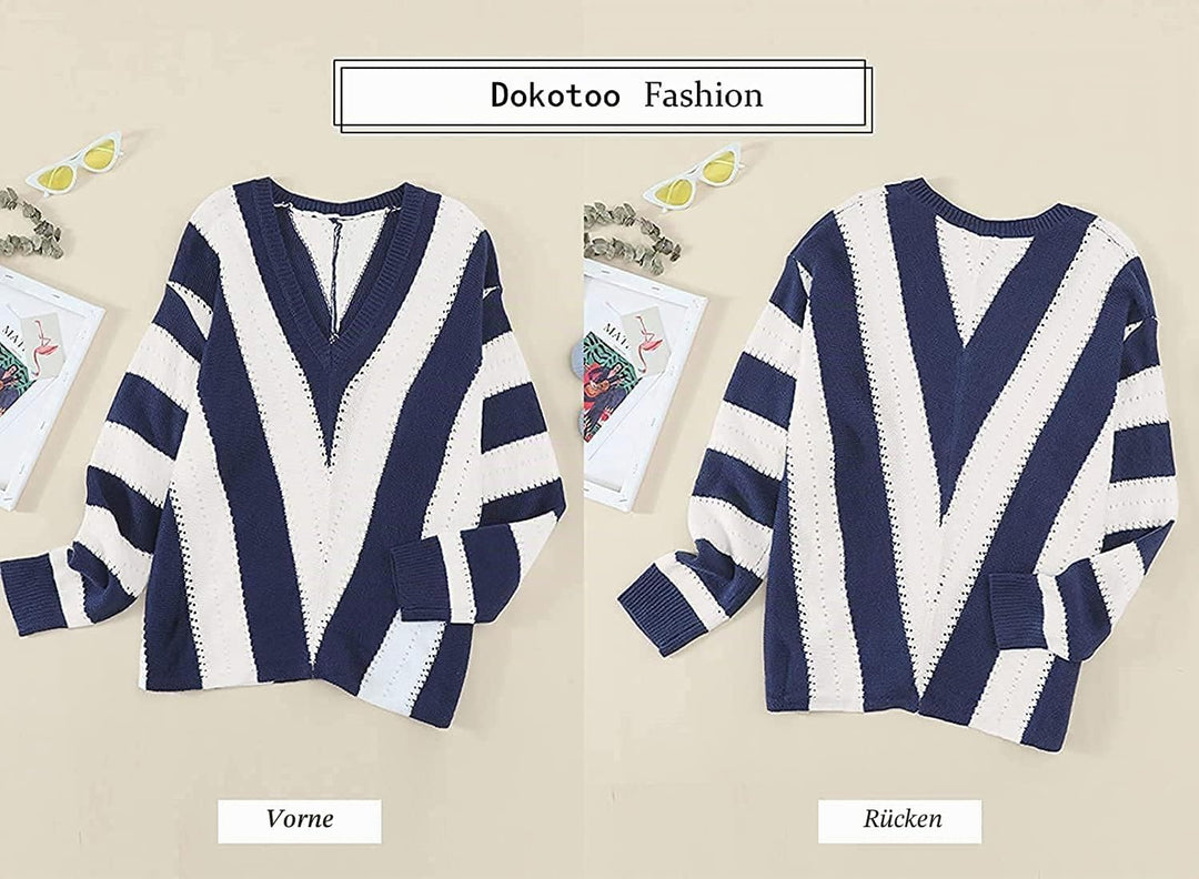 Dokotoo Damen Strickpullover V-Ausschnitt Casual Pullover Warm Oberteil Tops Streifen Sweater Elegan