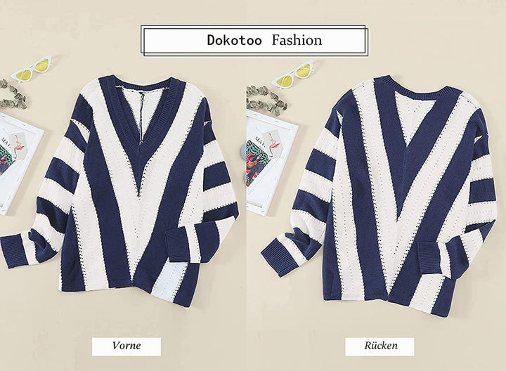Dokotoo Damen Strickpullover V-Ausschnitt Casual Pullover Warm Oberteil Tops Streifen Sweater Elegan