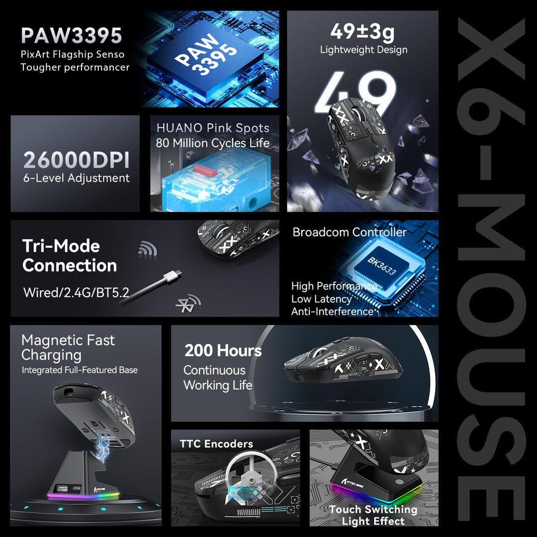 ATTACK SHARK X6 49g SUPERLIGHT Maus mit magnetischer Ladestation, PixArt PAW3395 Gaming-Sensor, BT/2
