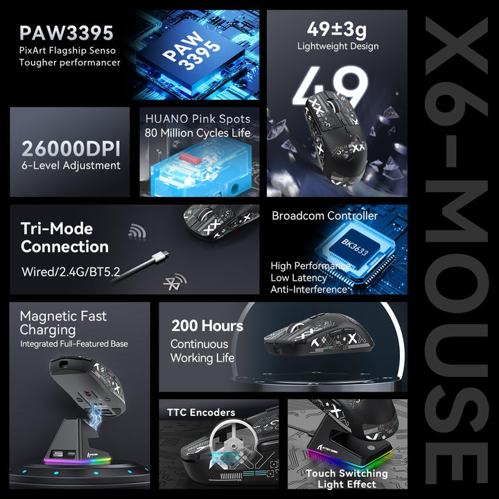 ATTACK SHARK X6 49g SUPERLIGHT Maus mit magnetischer Ladestation, PixArt PAW3395 Gaming-Sensor, BT/2