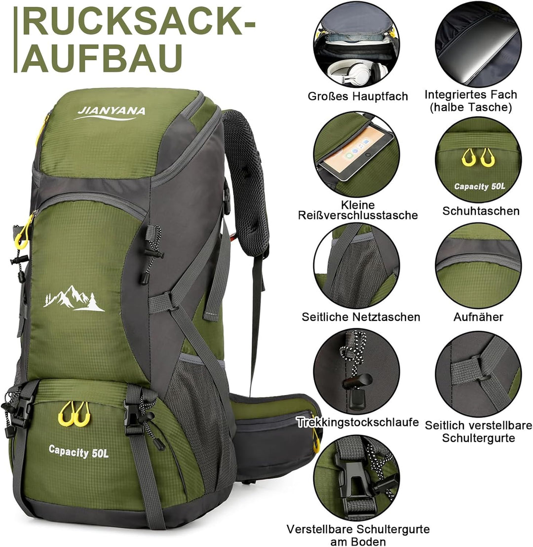 jianyana Wanderrucksack 50L Trekkingrucksack Regenhülle Reiserucksack Wasserdichter Campingrucksack