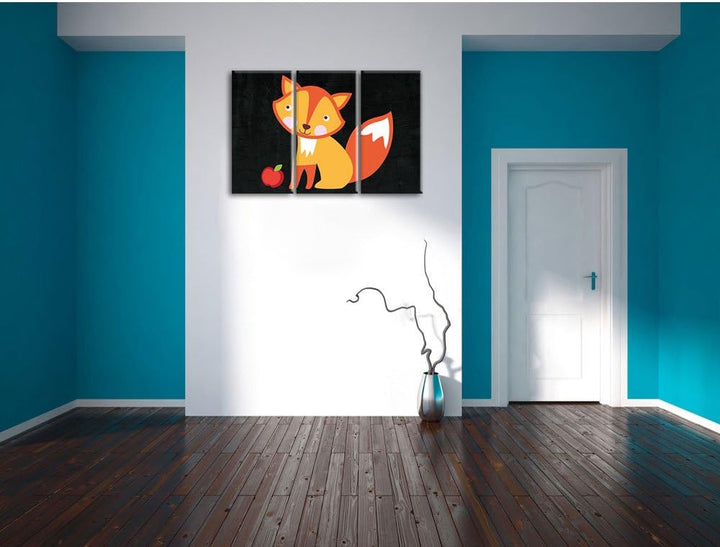 Pixxprint Niedlicher Fuchs mit Apfels als Leinwandbild/Grösse: 3 Teilig (120x80) cm/Wandbild/Kunstdr