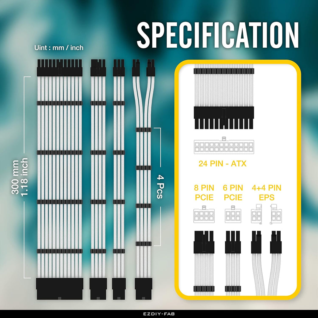 EZDIY-FAB Sleeved Cable - Kabelverlängerung für Stromversorgung mit Combs 24 PIN 8PIN 6PIN 4 + 4 PIN