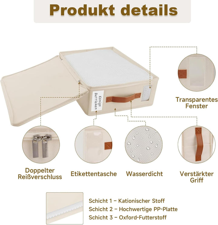Bettwäsche-Organizer 8er Pack – Insektendichte Aufbewahrungsbox mit Reissverschluss, Etikett, Griff,