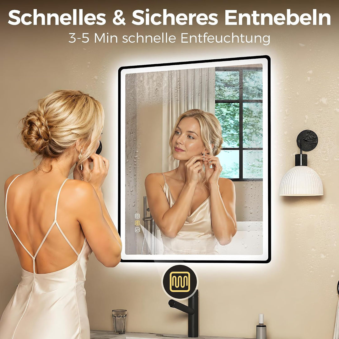 STARLEAD 80x60cm Schwarz LED-Badezimmerspiegel-mit-Beleuchtung und Bluetooth, Entfoggen, Dimmbar, 3