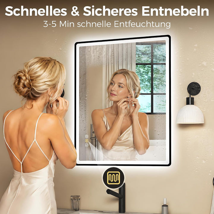 STARLEAD 80x60cm Schwarz LED-Badezimmerspiegel-mit-Beleuchtung und Bluetooth, Entfoggen, Dimmbar, 3