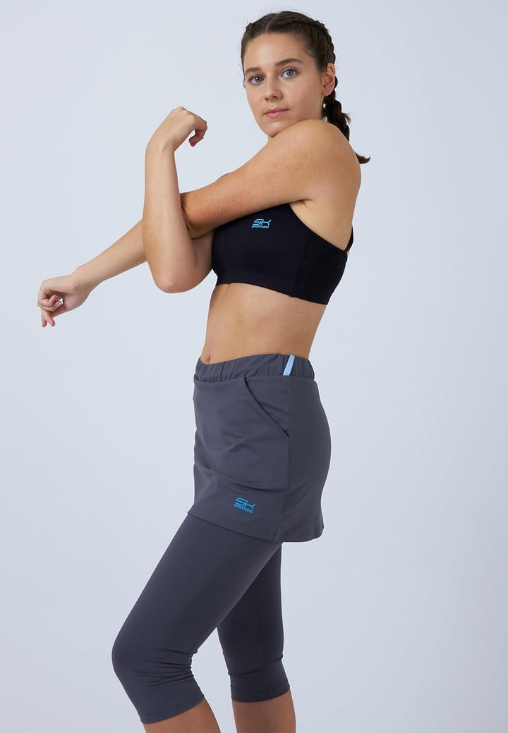 Sportkind Mädchen & Damen 2-in-1 Tennisrock mit Taschen & 3/4 Capri Leggings, Laufrock, Yogahose mit