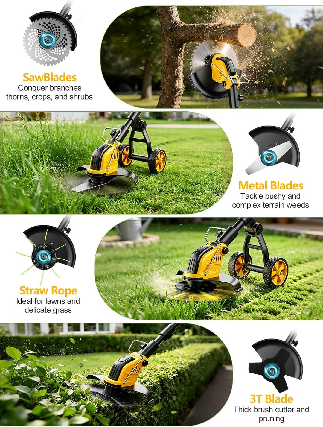 Akku Rasentrimmer mit Rädern 4 in 1,30CM Elektro Rasentrimmer mit 2 * 3000 mAh Batterie und Ladegerä