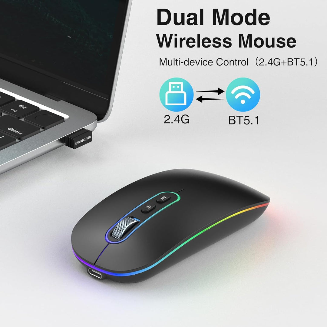 cimetech Bluetooth Maus kabellos (Bluetooth 5.1 + USB 2,4 GHz) LED Dual Mode- Wiederaufladbare Optis