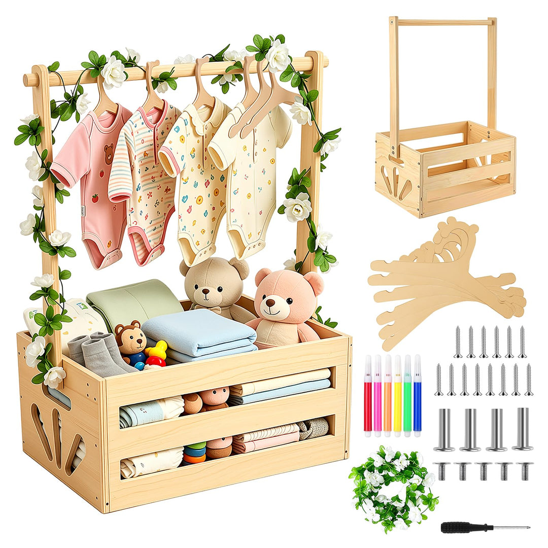 Baby Geschenk Korb aus Holz mit Griff, Baby Aufbewahrungskorb mit Kinder Kleiderbügel und Girlande,