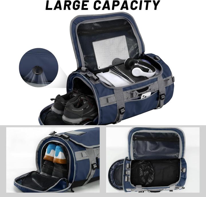 MIER Grosse Sporttasche wasserdicht Sportrucksack mit Schuhfach umwandelbar in Rucksack, 45L/60L/90L