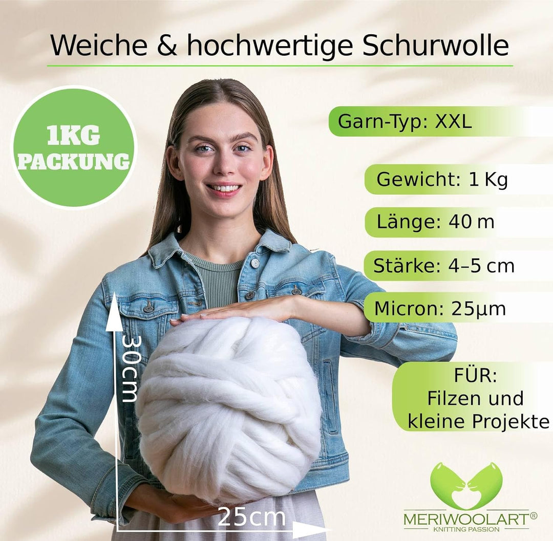 MeriWoolArt® 100% XXL Merino Wolle Garn 4-5cm Dicke Wolle Garn, Filzwolle Trockenfilzen Nassfilzen,