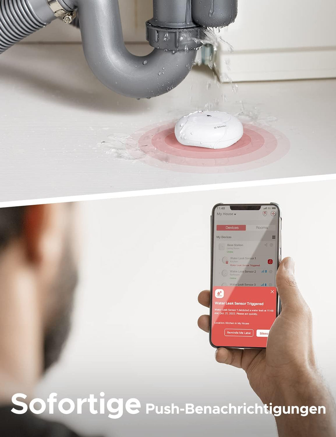 X-Sense Smart Wassermelder mit Batterie, WLAN Wassersensor, kompakter Überschwemmungssensor mit Eins