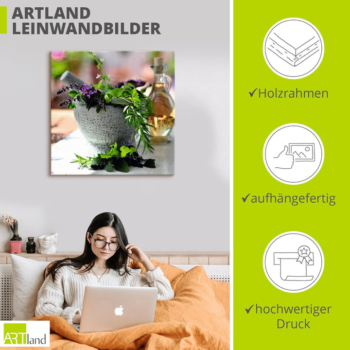 ARTland Leinwandbilder Wandbild Bild auf Leinwand 50x50 cm Kräuter Gewürze Mörser Lebensmittel Medit