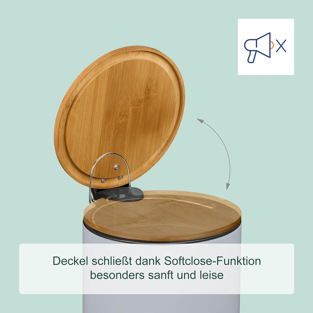 Relaxdays Kosmetikeimer 5 L, Absenkautomatik, Inneneimer entnehmbar, Badmülleimer, Metall, Bambus, m