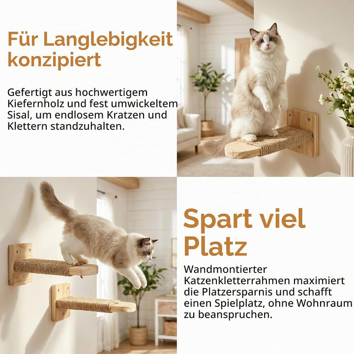 Katzentreppe Wand 4pcs 20CM Lang Natur Holz mit Juteseil Tragfähigkeit 35kg | DIY Kletterwand Katzen