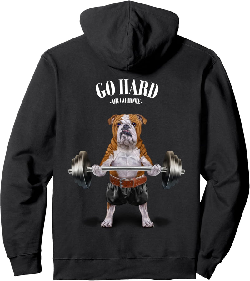 Bulldoggen, die Gewichte im Fitnessstudio heben Pullover Hoodie