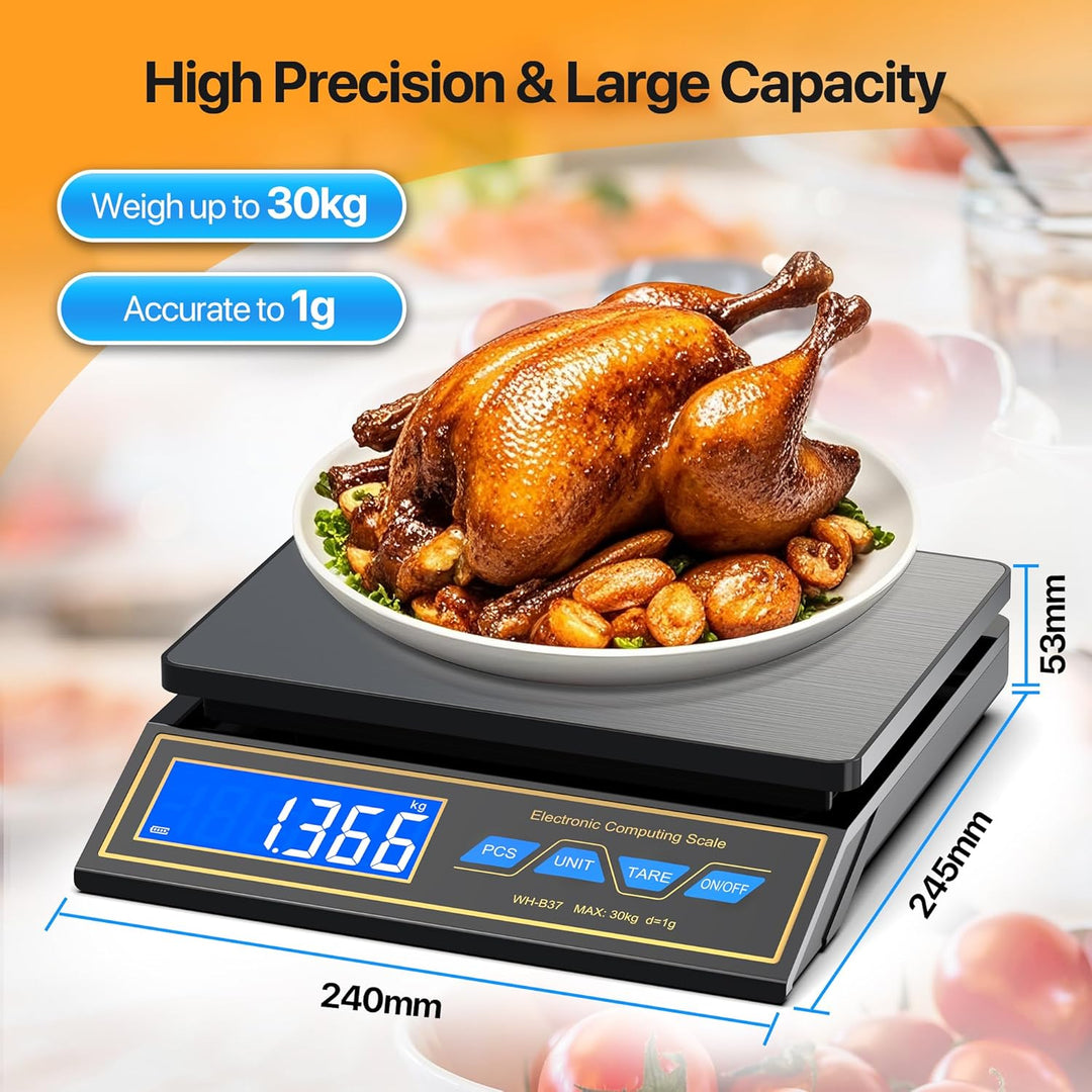 Küchenwaage 30kg,Edelstahl Digitalwaage Paketwaage Feinwaage 1g zum Gastronomie Messen von Fleisch W