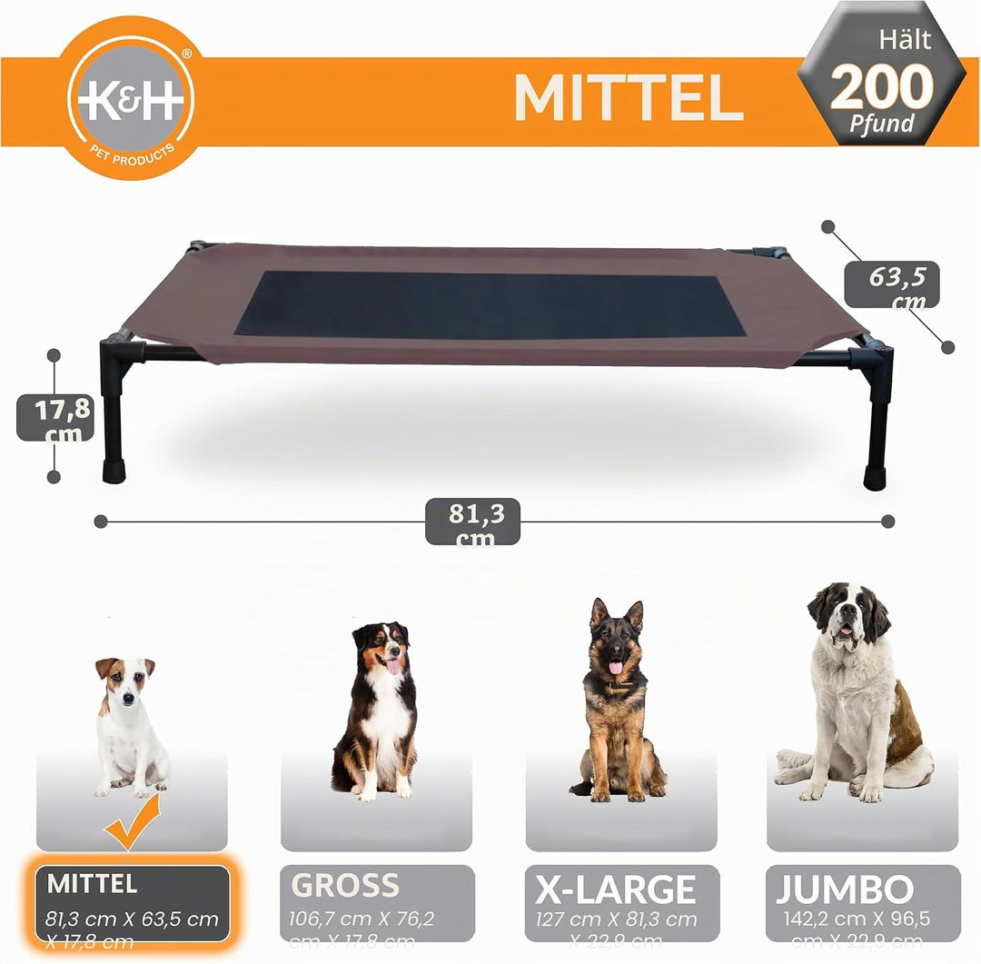 K&amp;H PET PRODUCTS Hundebett, erhöht, Netzstoff, Grösse M, 63,3 x 81,8 x 17,8 cm, Schokoladenbraun/Sch