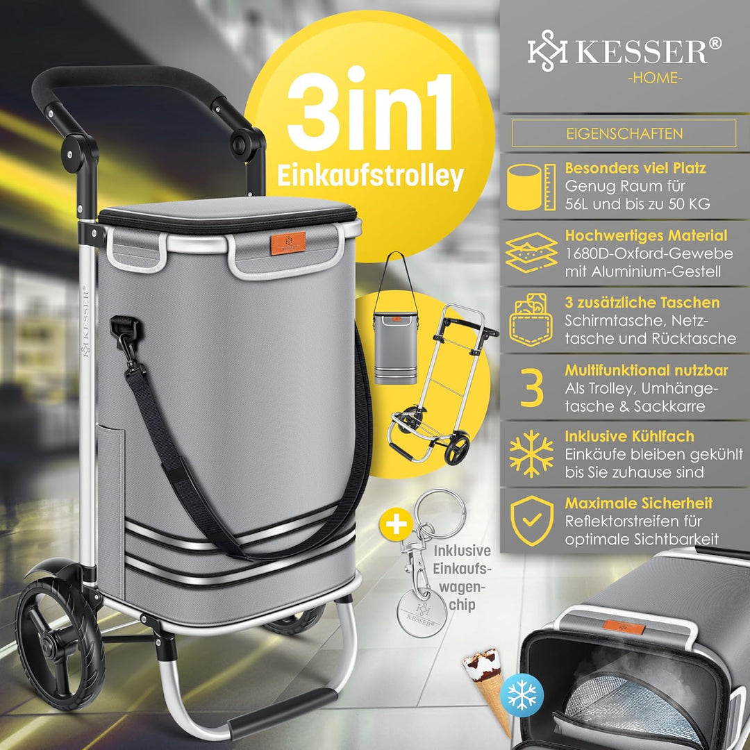 KESSER® Einkaufstrolley klappbar mit 56L Kapazität und belastbar bis 50kg | 3in1 Trolley Sackkarre &
