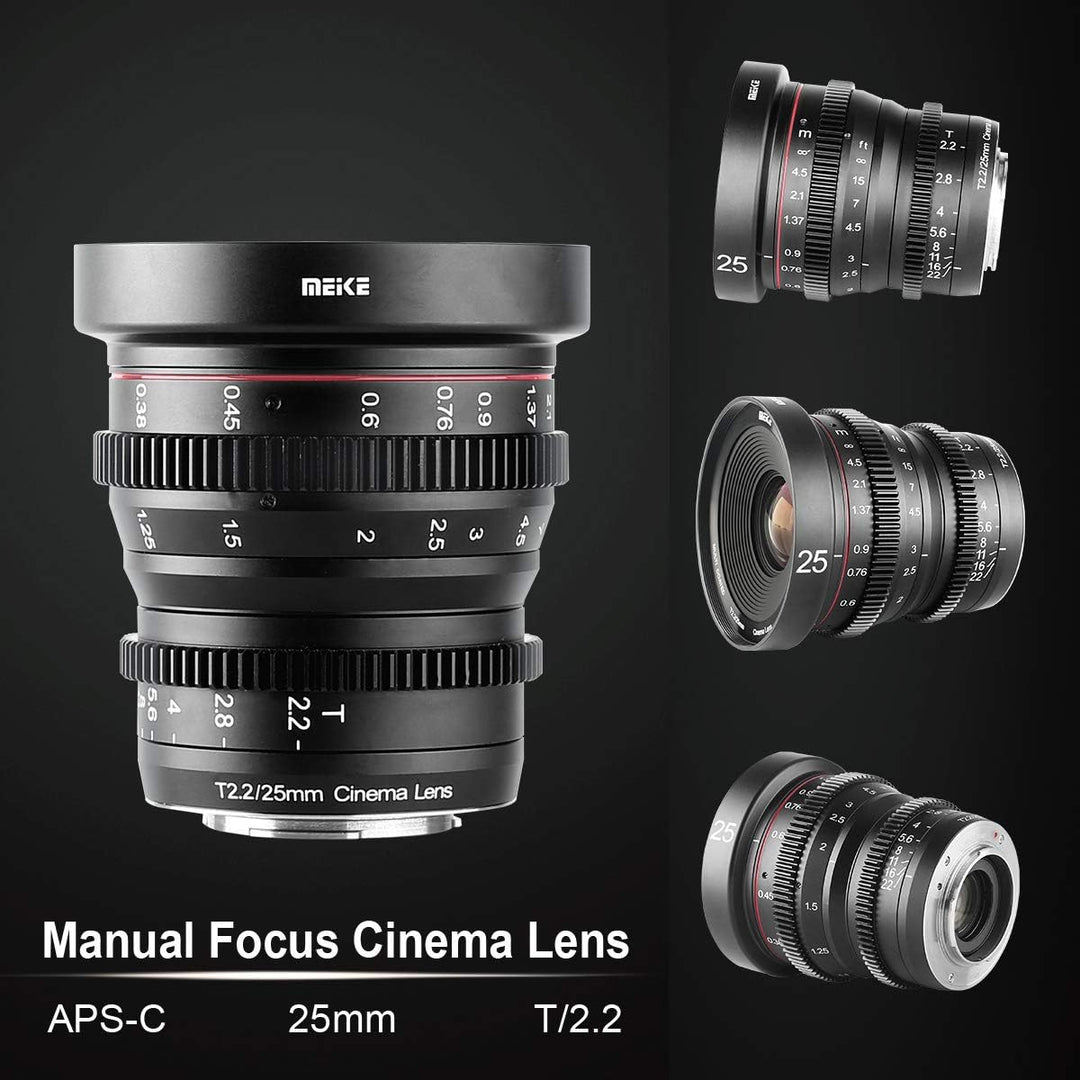 MEKE 25mm T2.2 grosse Blende, manueller Fokus, geringer Verzerrung, 4K Mini-Cine-Objektiv für Micro