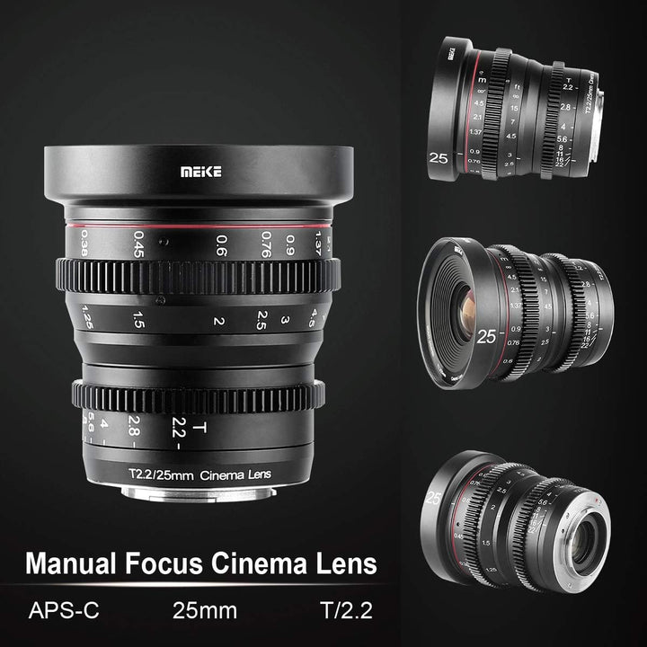 MEKE 25mm T2.2 grosse Blende, manueller Fokus, geringer Verzerrung, 4K Mini-Cine-Objektiv für Micro