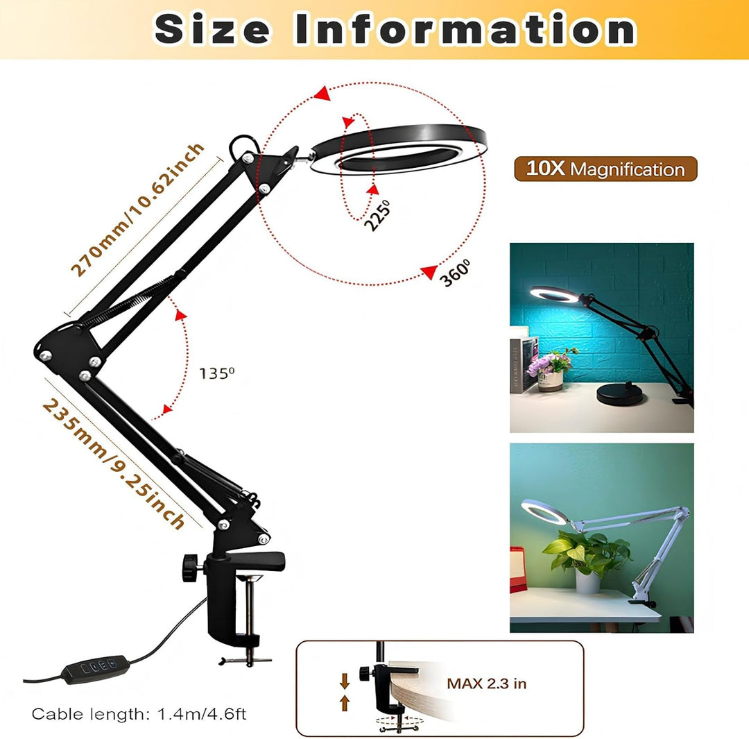 10X Lupe mit Licht und Ständer, Lupenleuchte mit 72 LEDs, 3 Farbmodi Dimmbare&10 Helligkeitsstufen,