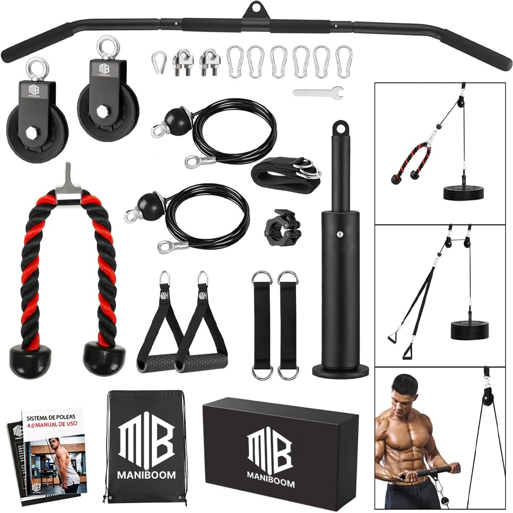 Seilzug Fitness - Pulley System mit 2-in-1-Stange + Trizepsseil + Griffen Equipment Einstellbar Kabe