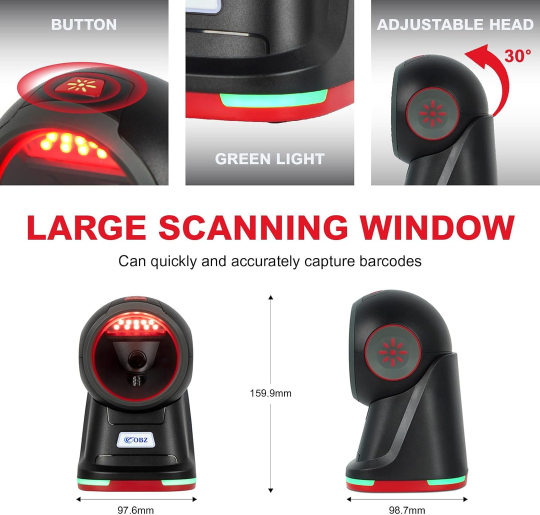 OBZ Desktop Barcode Scanner 1D 2D QR-Code | USB-Kabelgebundener Hands-Free mit Omnidirektionalem Sca