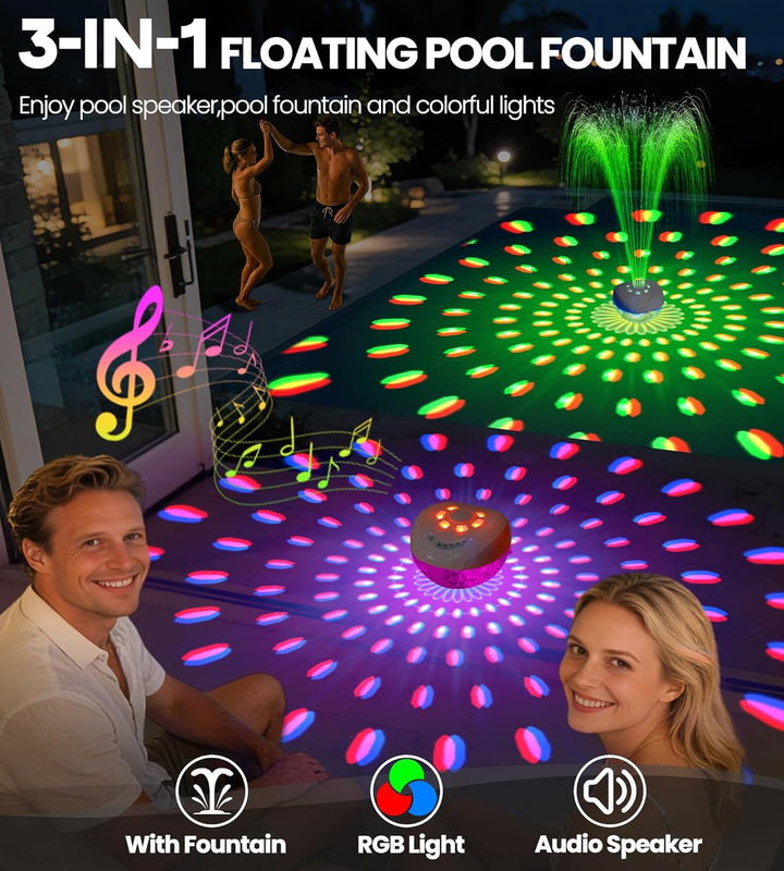 Luxfero 3 in 1 Pool Lautsprecher mit Springbrunnen & Pool Licht,Schwimmender Bluetooth Lautsprecher