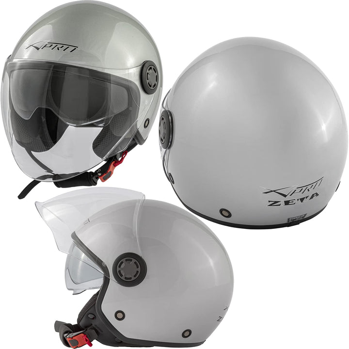 Jethelm Roller Motorrad Helm Zugelassen ECE2205 Lange Klares Visier Sonnenblende 53-54 cm ( XS) Silb