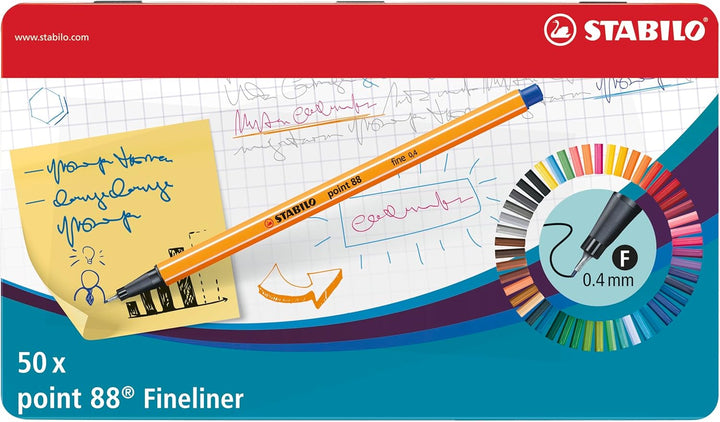 Fineliner - STABILO point 88 - 50er Metalletui - mit 47 verschiedenen Farben - 2x blau, rot, schwarz