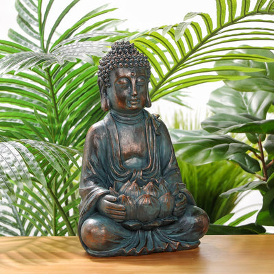 TERESA'S COLLECTIONS 32cm Buddha Figur Garten Solarleuchte Harz sitzende Budda Statue Gartenfigur Fr