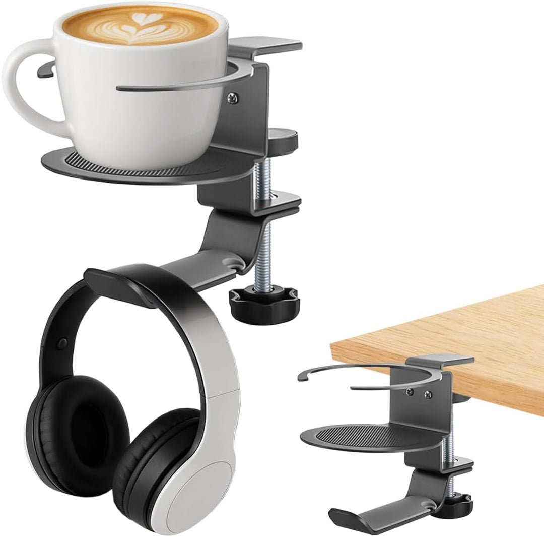 Spacetronik 2-in-1 Headset Halterung & Getränkehalter Tisch – Schwenkbarer Kopfhörer Halter mit Kabe