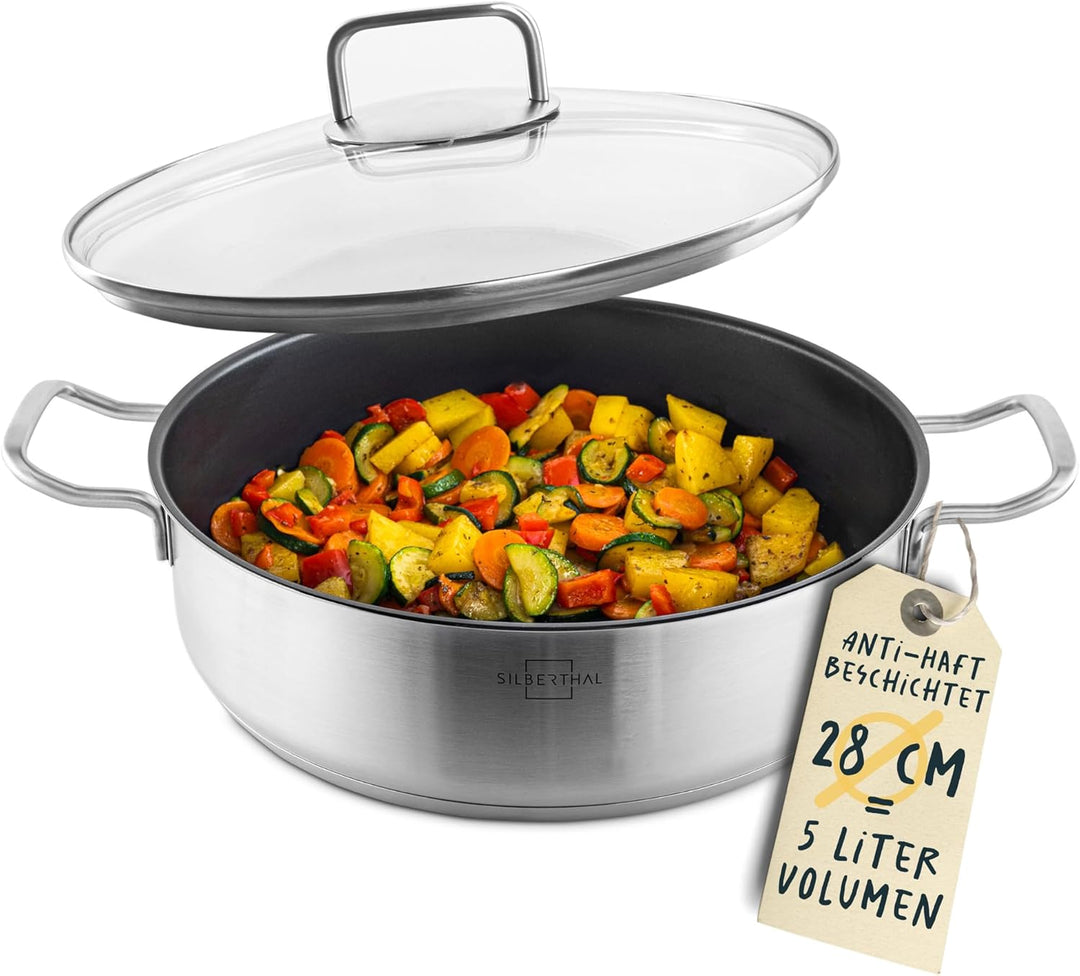 SILBERTHAL Servierpfanne 28 cm hoher Rand - Induktion - Edelstahl - Beschichtete Schmorpfanne mit De
